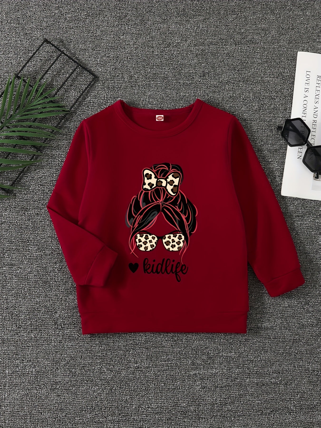 Girls' Leopard Portrait Crew Neck Sweatshirt Pullovers Kids Long Sleeve Tops