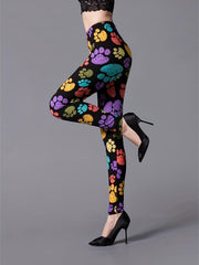 Dog Footprint Print Skinny Leggings High Waist Stretchy Leggings