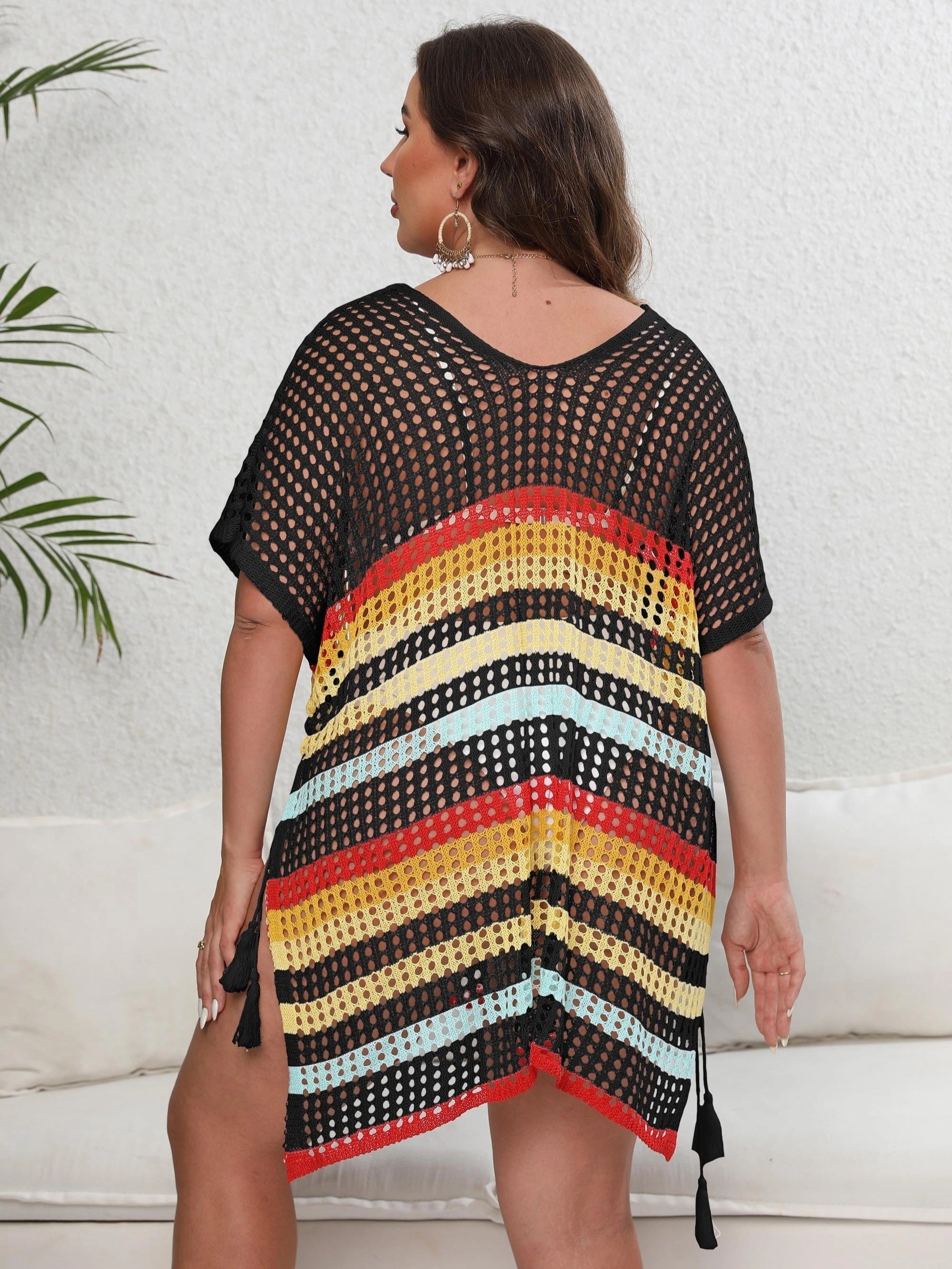 Striped Batwing Sleeve V Neck Beach Cover Up