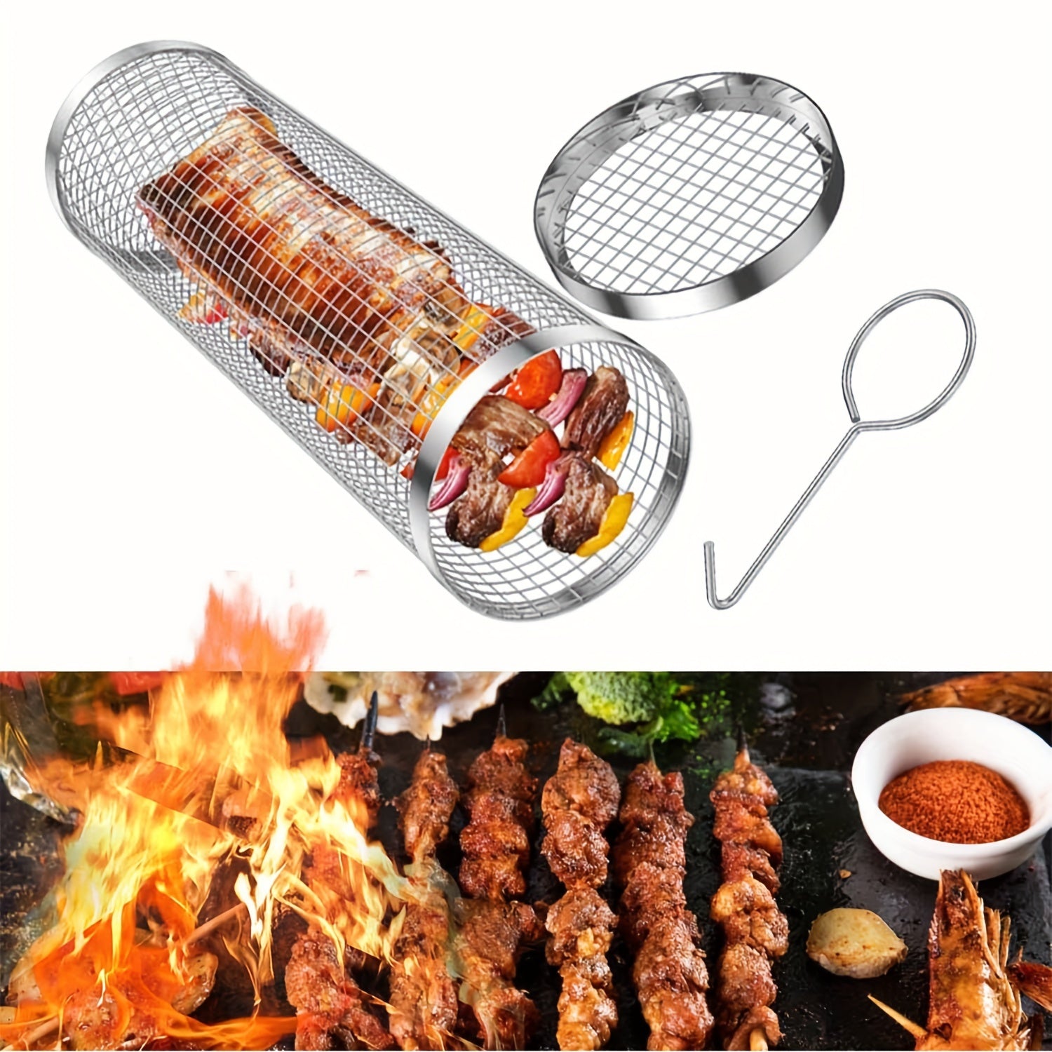 Portable Rolling BBQ Basket for Veggies Fries Seafood Meat