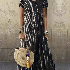 Tie Dye Striped Dress Short Sleeve Ankle Dress
