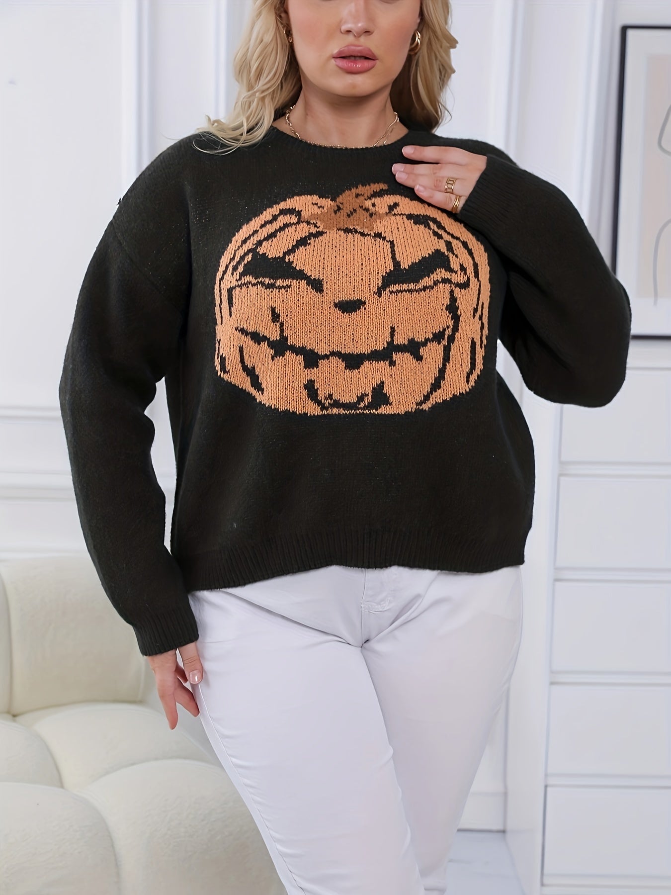 Women's Plus Pumpkin Print Long Sleeve Sweater