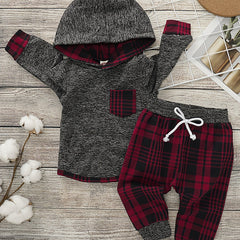 Baby Boys Hooded Sweatshirt & Pants Set with Plaid Print