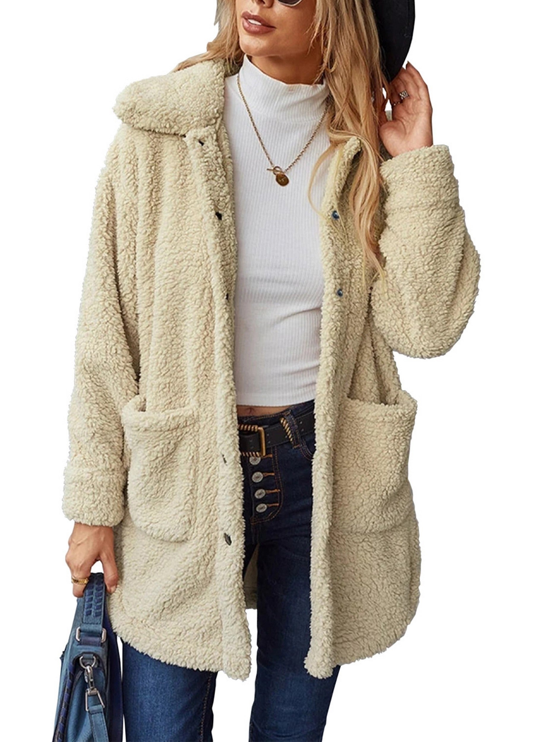 Fuzzy Teddy Coat Button Up Warm Outerwear