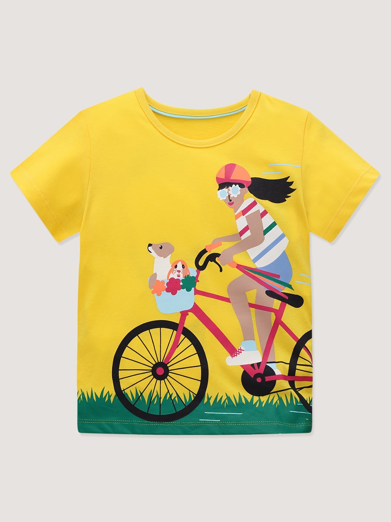 100% Cotton Cartoon Bicycle Girl Print Tee