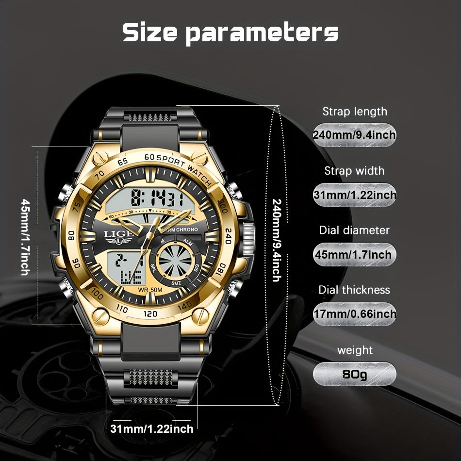 LIGE Sports Dual Display Watch 50M Waterproof Quartz Military Alarm Clock