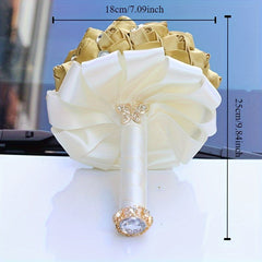 Golden Bridal Wedding Bouquet Rose Artificial Flowers Rhinestone Decor