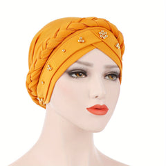 Classic Beads Decor Turban Cap Solid Elastic Head Wrap Pre-tied Head Scarf