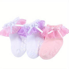 3 Pairs Baby Girls Lace Ruffled Socks with Bow Non-slip Cotton Socks