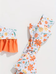 Baby Girls Floral Ruffle One piece Swimsuit With Headband