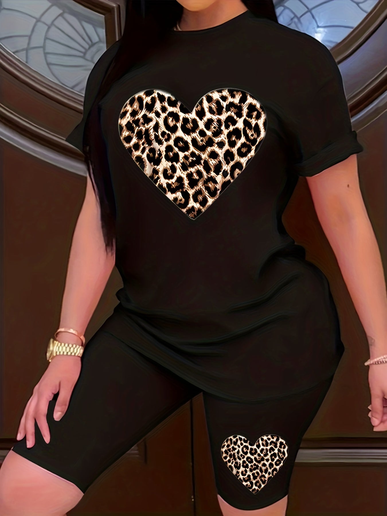 Women's Plus Leopard Heart Print Tee & Shorts Set