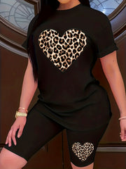Women's Plus Leopard Heart Print Tee & Shorts Set