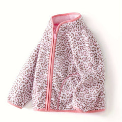 Girls Leopard Print Fleece Jacket, Zip Up Long Sleeve Outerwear