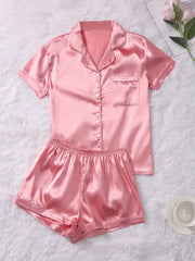 Solid Satin Lounge Set Short Sleeve Lapel Buttons Top & Elastic Waistband Shorts