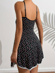 Floral Print Slip Nightdress Crew Neck Lace Trim Sleep Dress