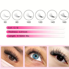 500 Premade Fans Eyelash Extension 10D 12D 0.07 0.05mm C D Curling 9-16mm