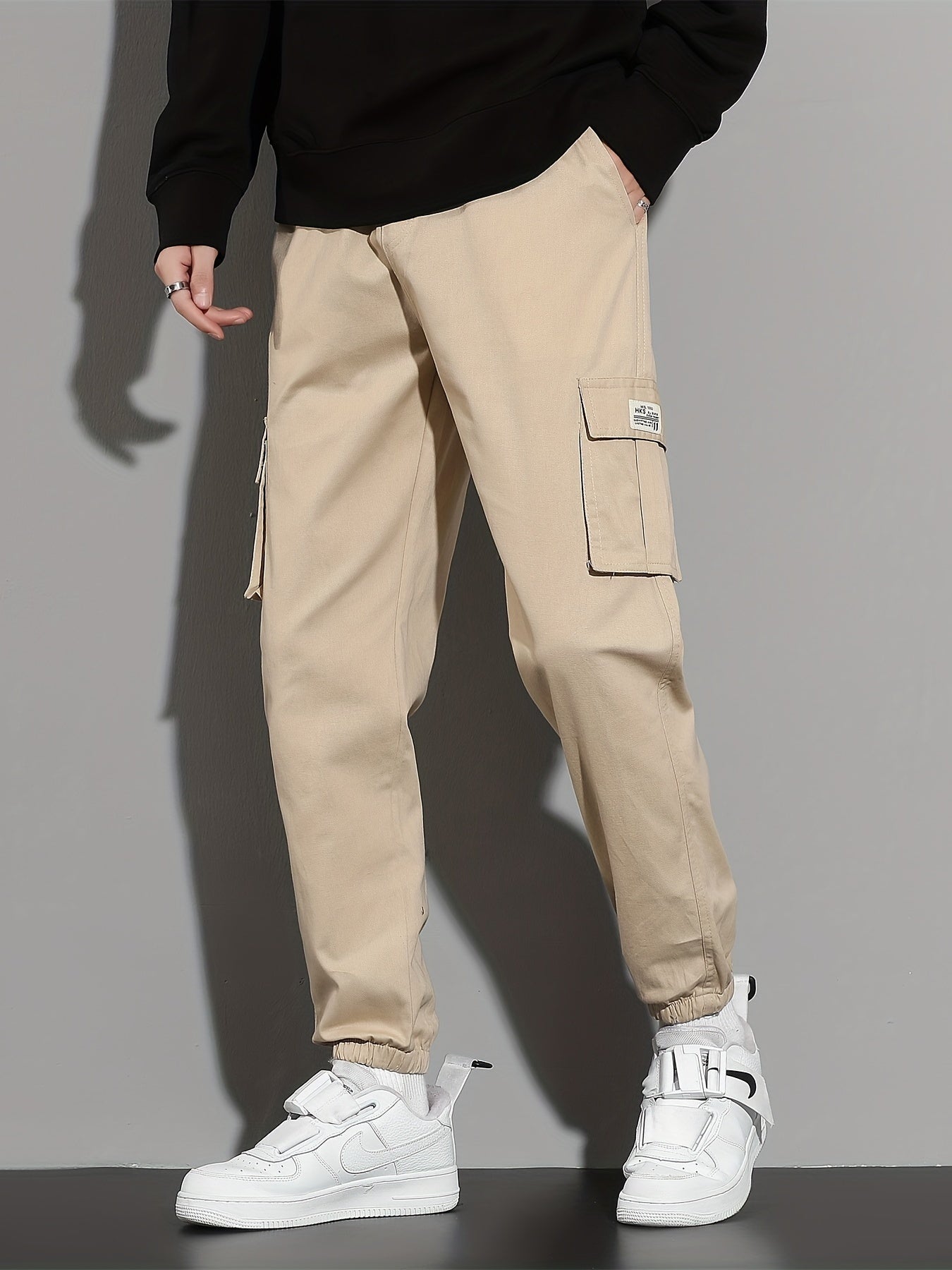 Solid Cargo Pants Men's Flap Pocket Trousers