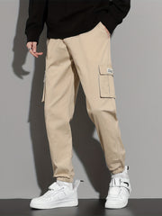 Solid Cargo Pants Men's Flap Pocket Trousers