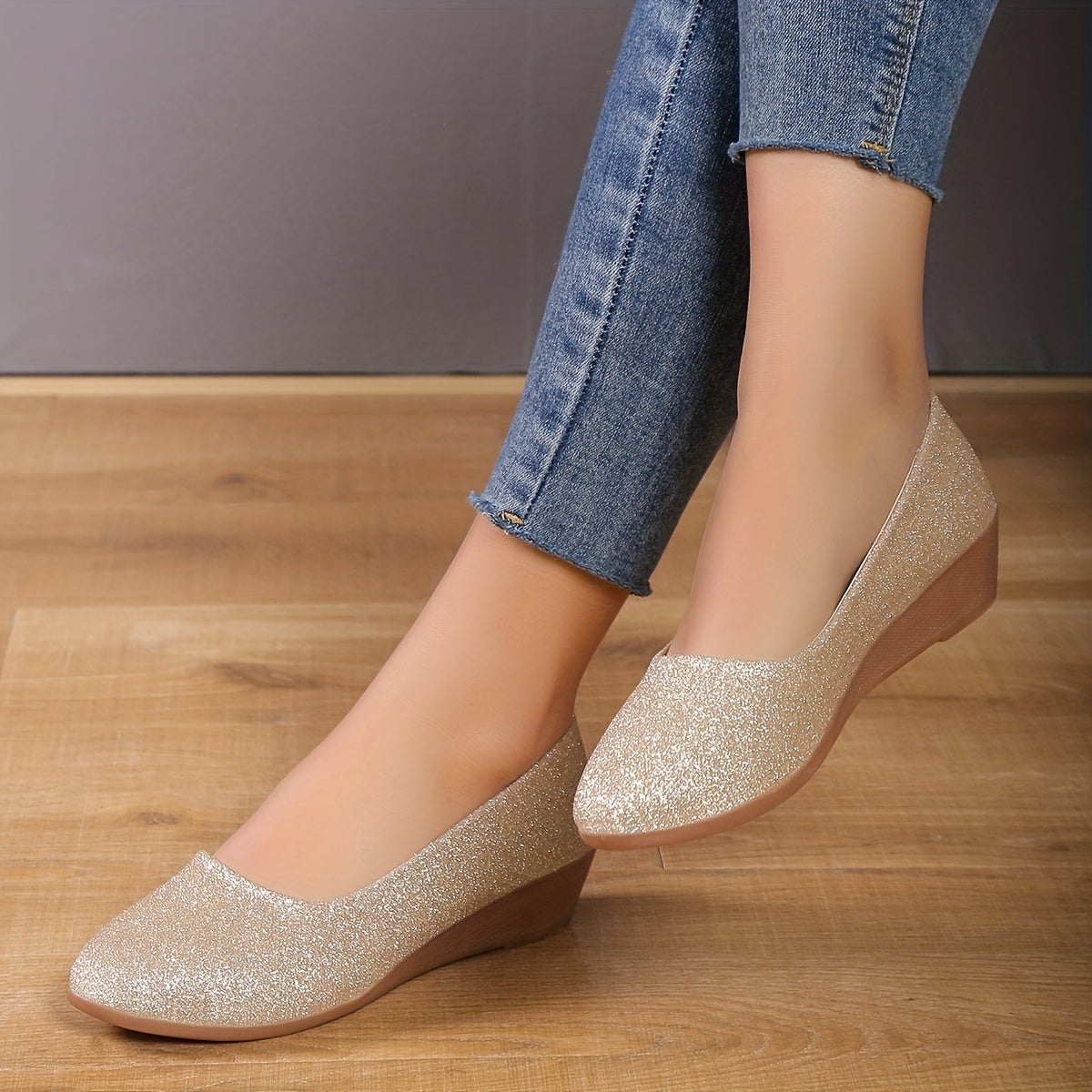 Women's Sequins Ballet Slip On Low Round Toe Soft Slides Shoes