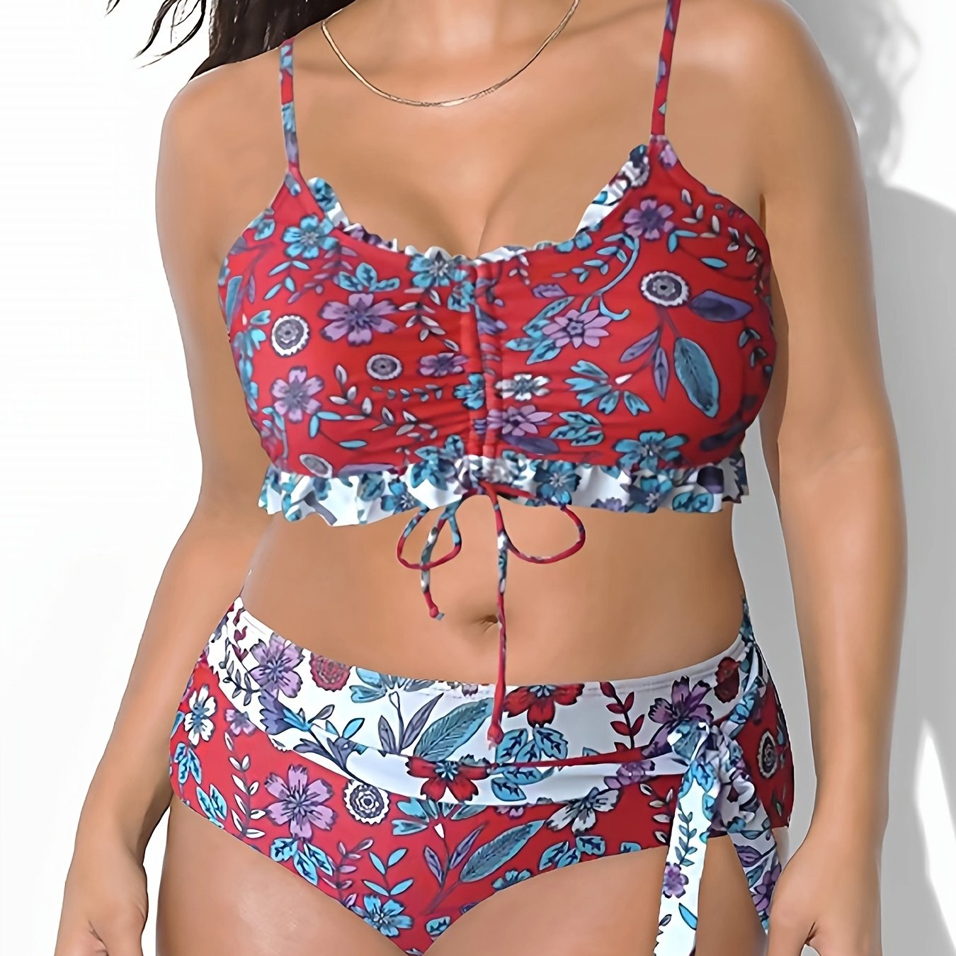 Floral Print Lace Up Ruffle Bikini Set
