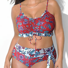 Floral Print Lace Up Ruffle Bikini Set