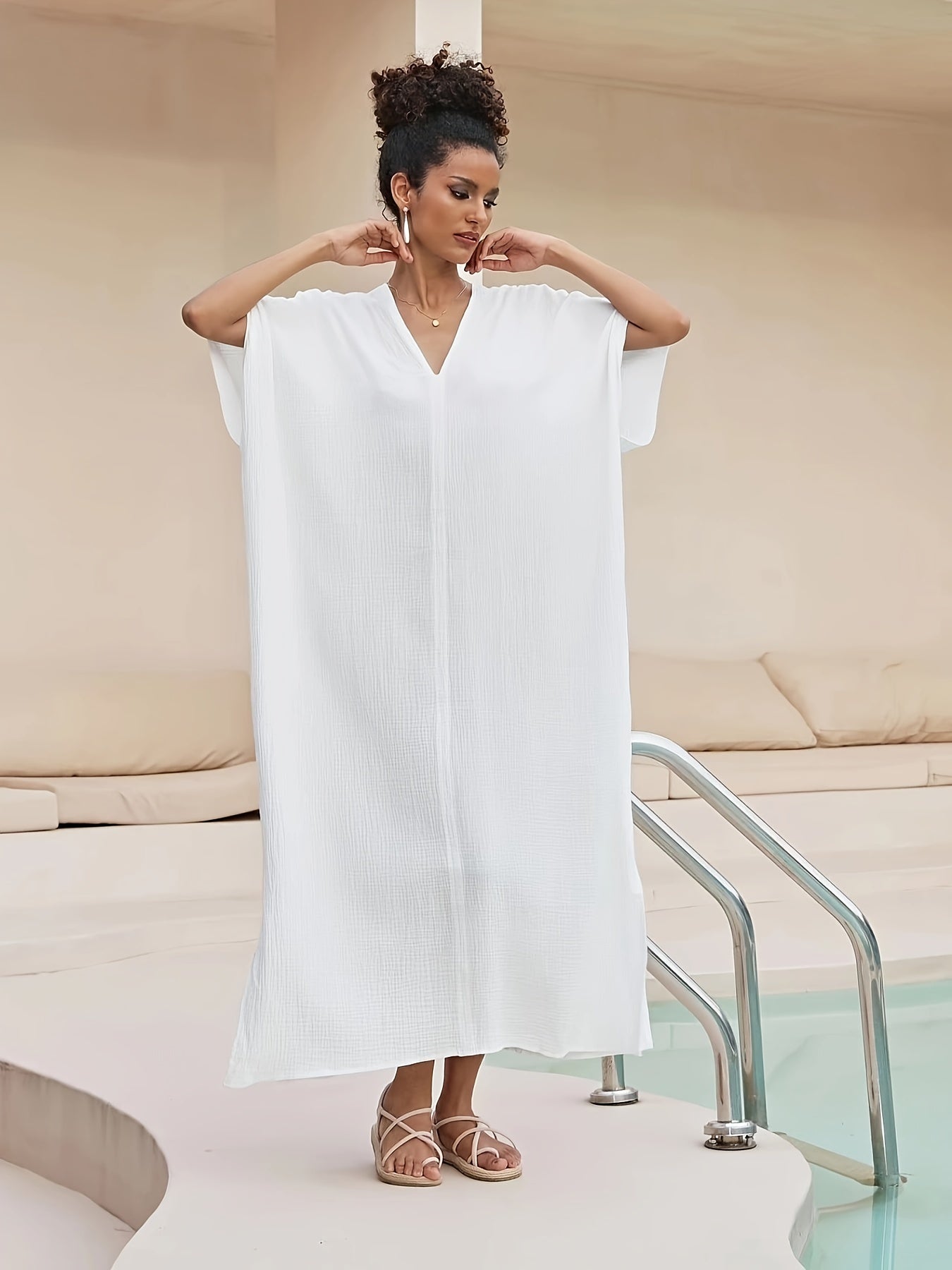 Vacay Kaftan Cover Up Women's Plus Solid Batwing Sleeve