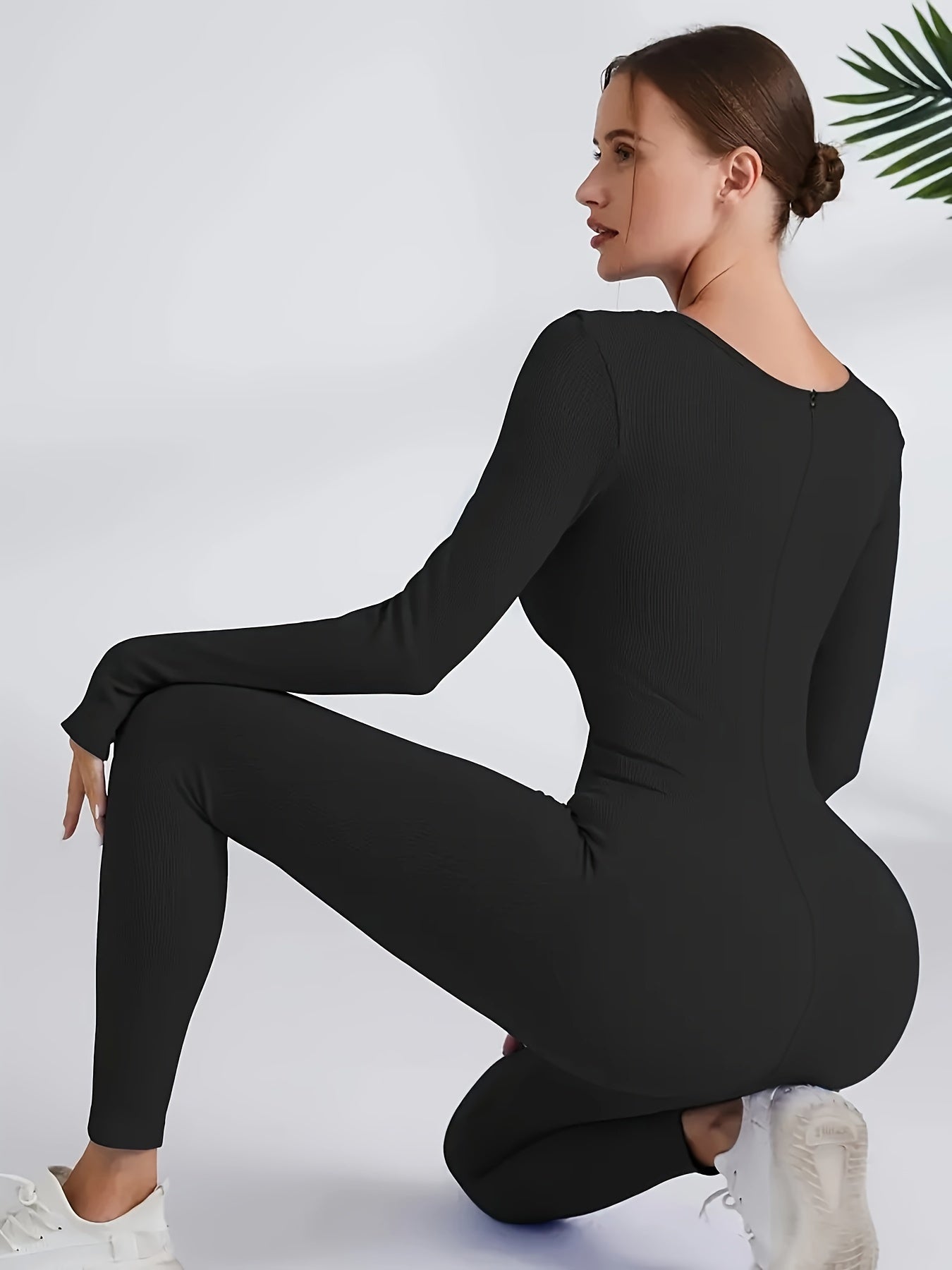 Long Sleeve Yoga Bodysuit Thumb Hole Square Neck Sports Jumpsuit