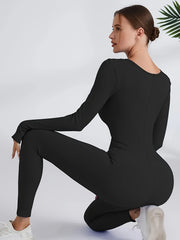 Long Sleeve Yoga Bodysuit Thumb Hole Square Neck Sports Jumpsuit