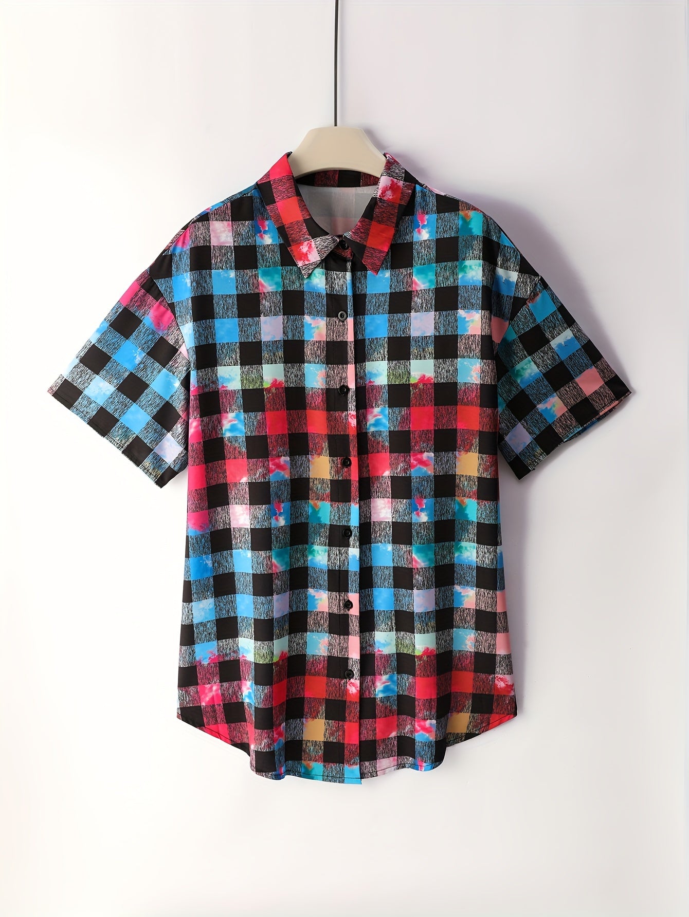 Plaid & Tie Dye Button-Up Short Sleeve Blouse
