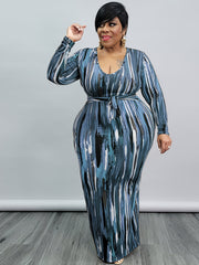 Long Sleeve Bodycon Dress with Belted Print