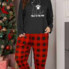 Puppy & Letter Graphic Long Sleeve Top & Plaid Pants Pajamas Set