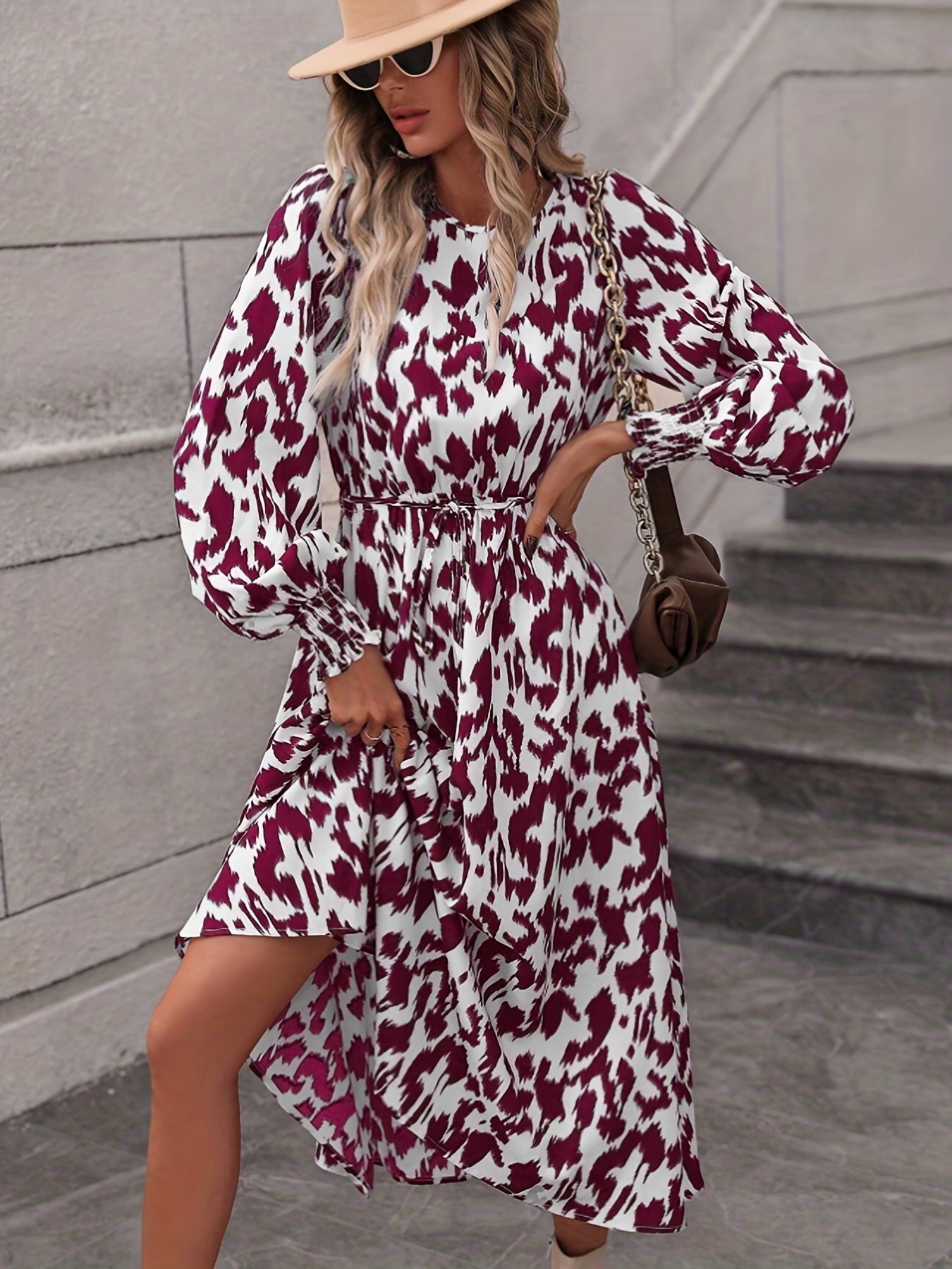 Leopard Print Crew Neck Dress Long Sleeve Dress