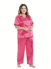 Satin Contrast Pajamas Set Short Sleeve Shirt & Pant
