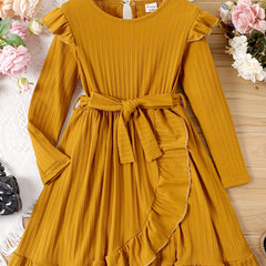 Kid Girls Ribbed Tiered A Line Dress With Belt