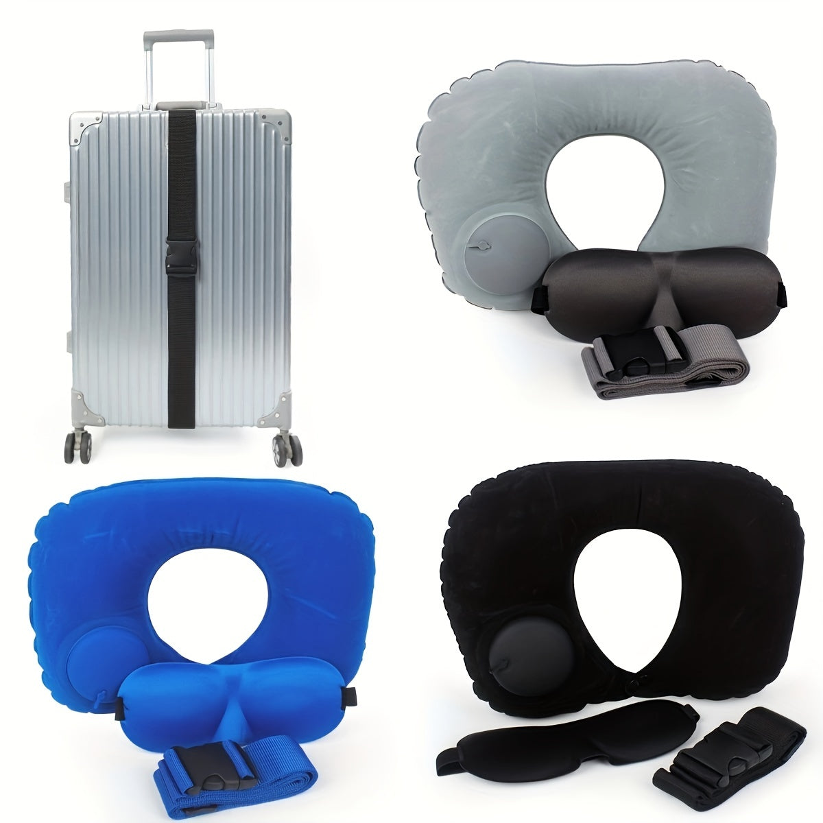 3pc Travel Set Luggage Strap, Eye Mask, U-shaped Pillow Portable Accessories
