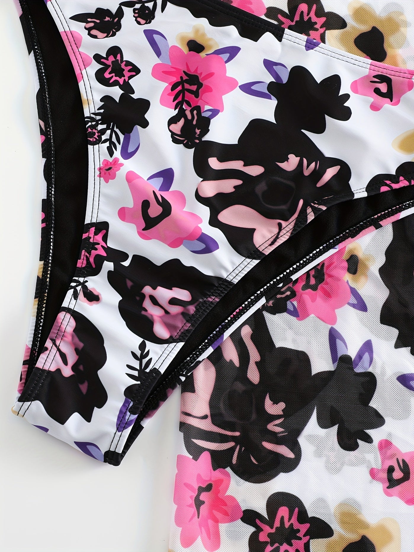 Floral Print Cold Shoulder Ruffle Trim Swimsuit Set