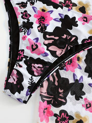 Floral Print Cold Shoulder Ruffle Trim Swimsuit Set