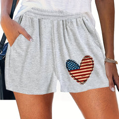 Flag Heart Print Elastic Waist Shorts for Women