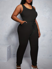 Casual Tank Jumpsuit Solid Round Neck Drawstring With Pockets
