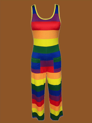 Stripe Print Sleeveless Jumpsuit with Pockets