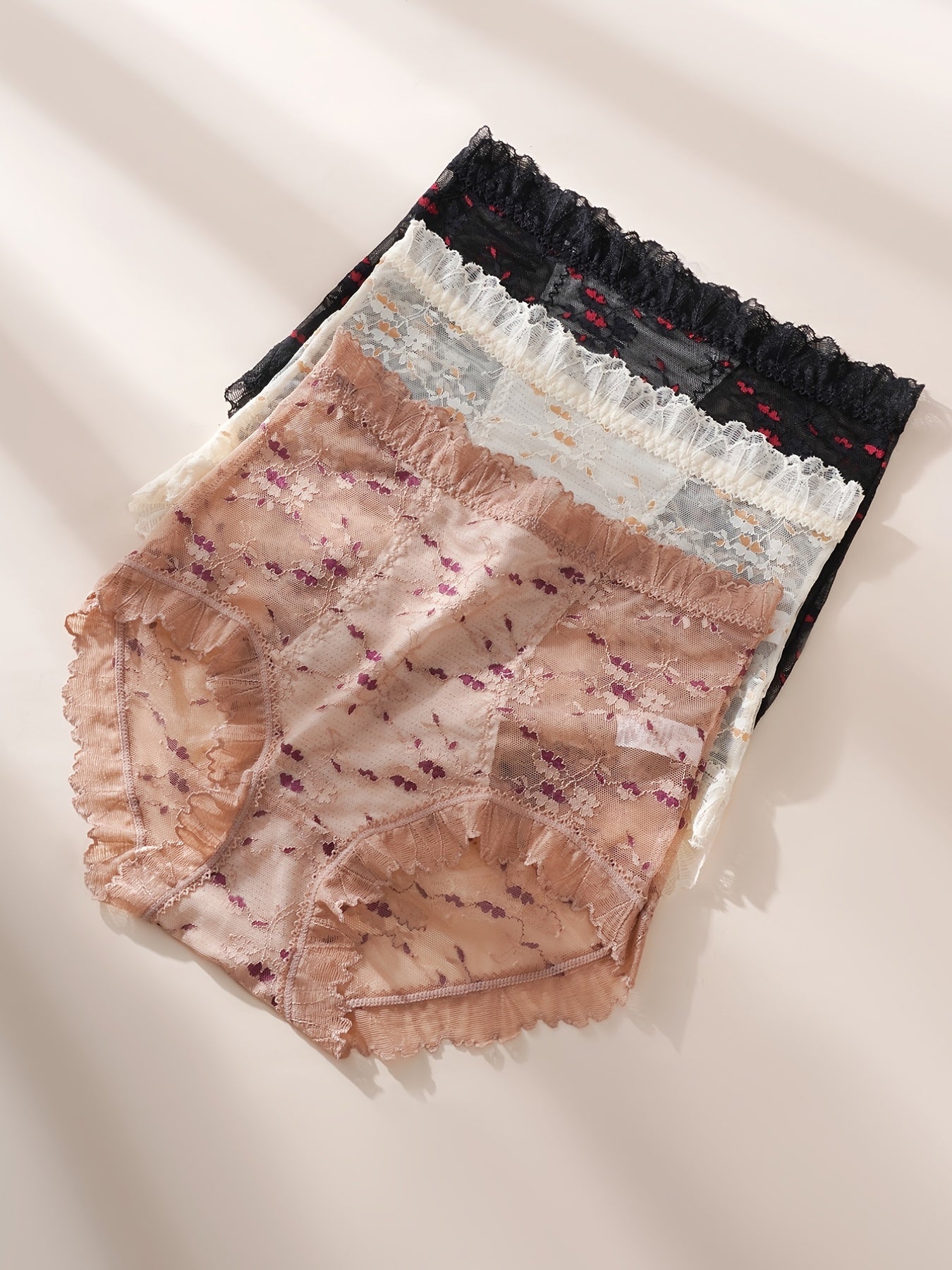3 Pack Lace High Waist Panties Ditsy Floral Semi Sheer Briefs