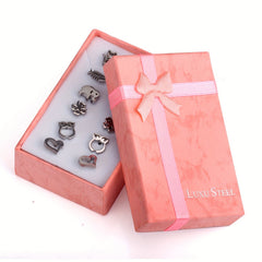 6Pairs Box Stainless Steel Cat Clover Heart Stud Earrings Set For Girls