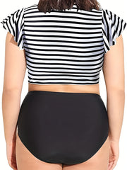 Vacay Tankini Set Solid Warp V Neck Cap Sleeve Crop Top