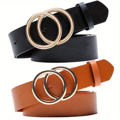 Double O-Ring Buckle PU Leather Belt Casual Waistband for Women