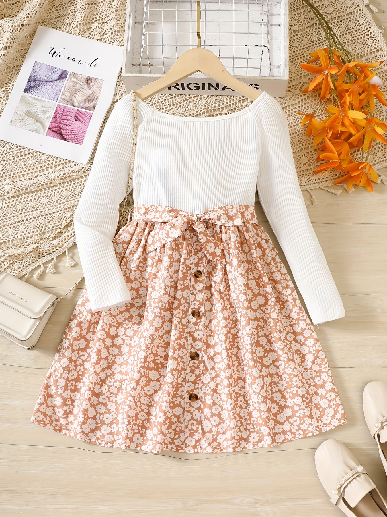 Girls' Ribbed Ditsy Floral Long Sleeve Casual Dress