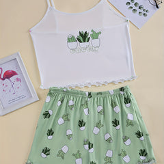 Cactus Print Pajama Set Crew Neck Cami Top & Shorts