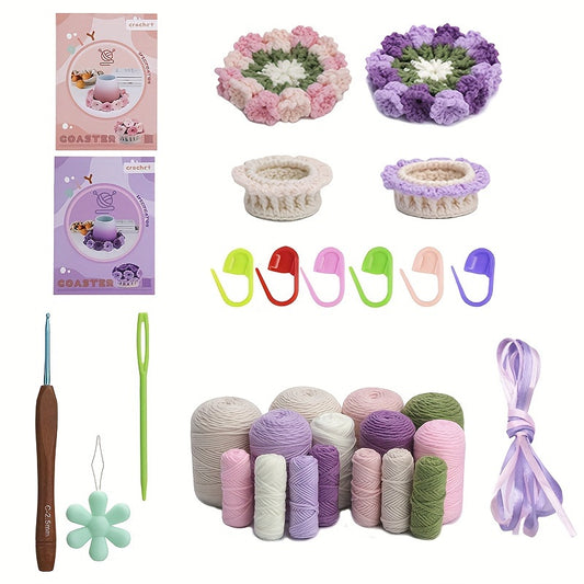 DIY Crochet Material Set Colorful Flower Tea Cup Mat for Home Decoration