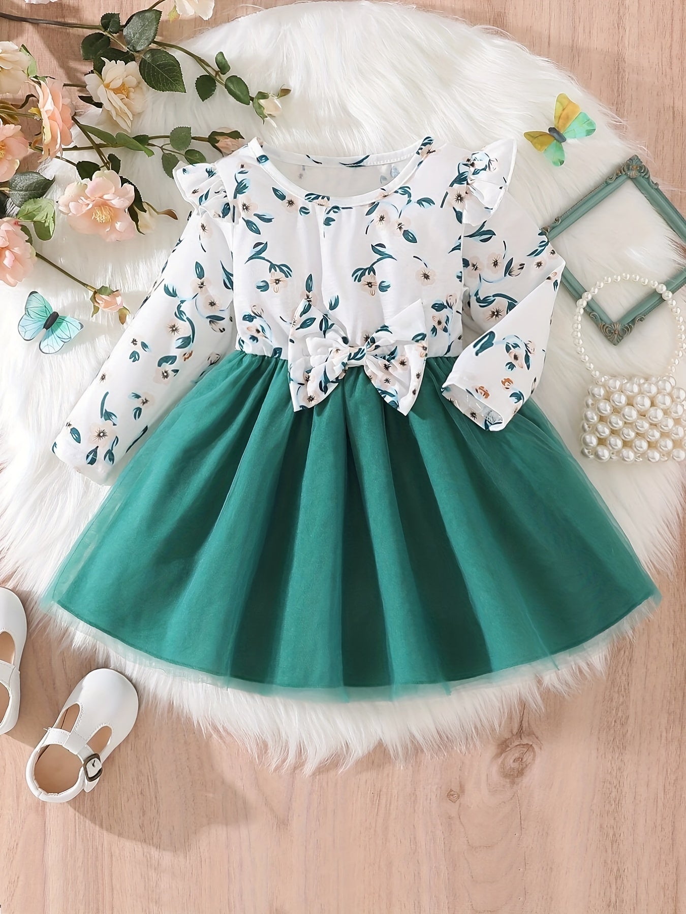 Baby Girls Floral Print Ruffle Flying Sleeve Long Sleeve Dress