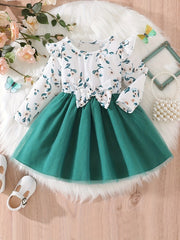 Baby Girls Floral Print Ruffle Flying Sleeve Long Sleeve Dress