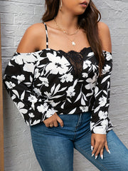 Women's Plus Floral Print Lace Cold Shoulder Top